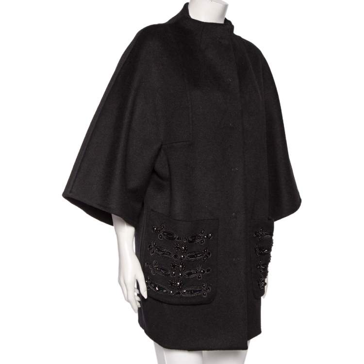 Pre Owned Emilio Pucci Black Wool Embellished Pocket Detailed Coat S 