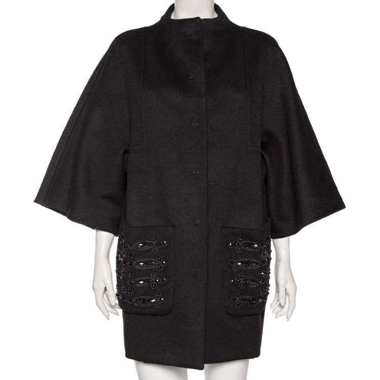 Pre Owned Emilio Pucci Black Wool Embellished Pocket Detailed Coat S 