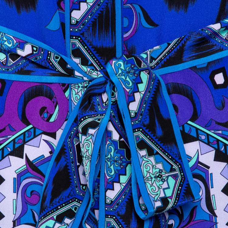 Pre Owned Emilio Pucci Blue Printed Silk Shirt Dress S