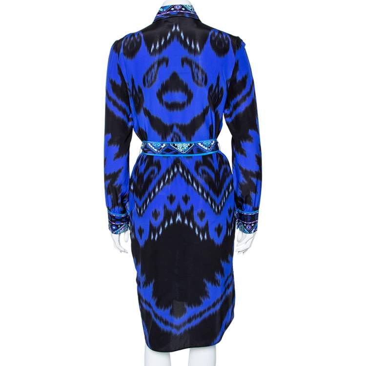 Pre Owned Emilio Pucci Blue Printed Silk Shirt Dress S