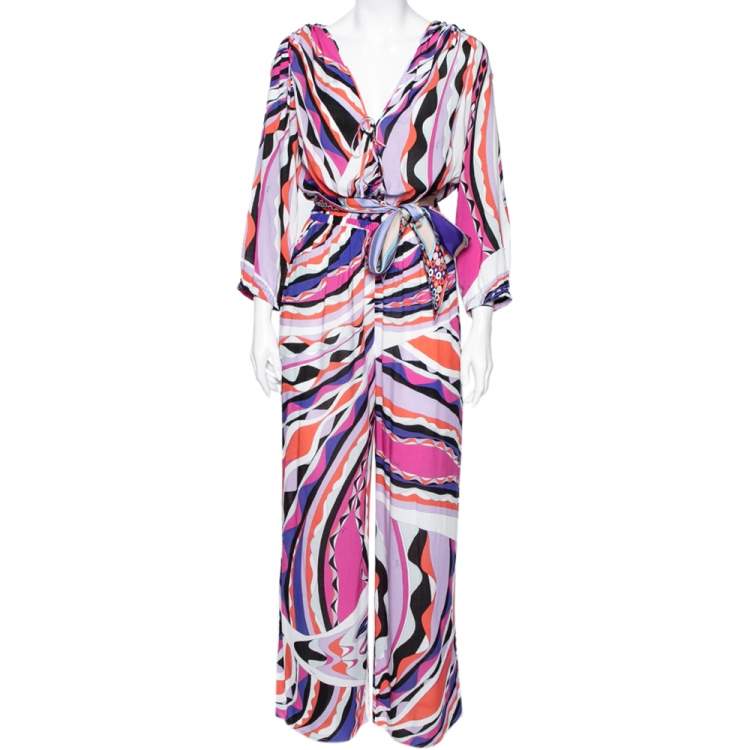 Pre Owned Emilio Pucci Multicolored Abstract Printed Jersey Belted Jumpsuit M 