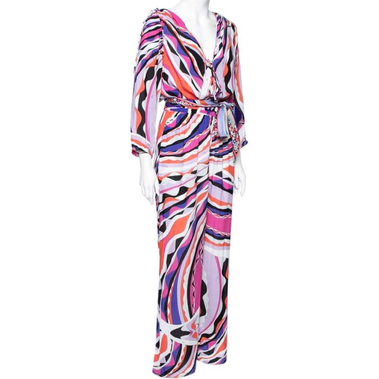 Pre Owned Emilio Pucci Multicolored Abstract Printed Jersey Belted Jumpsuit M 