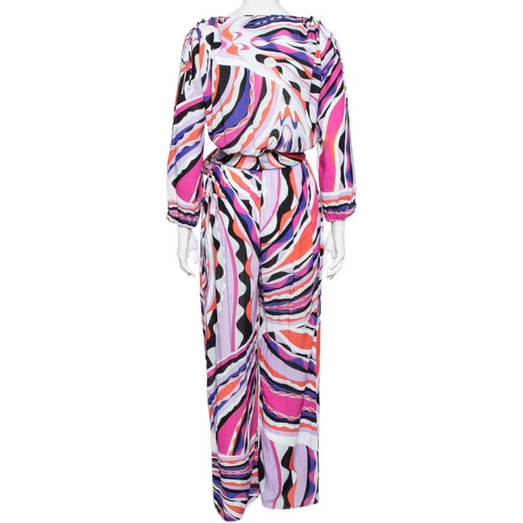 Pre Owned Emilio Pucci Multicolored Abstract Printed Jersey Belted Jumpsuit M 