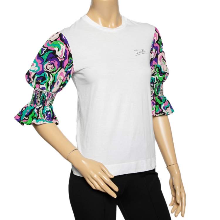 Emilio Pucci White Cotton & Silk Contrast Sleeve Detail T-Shirt S