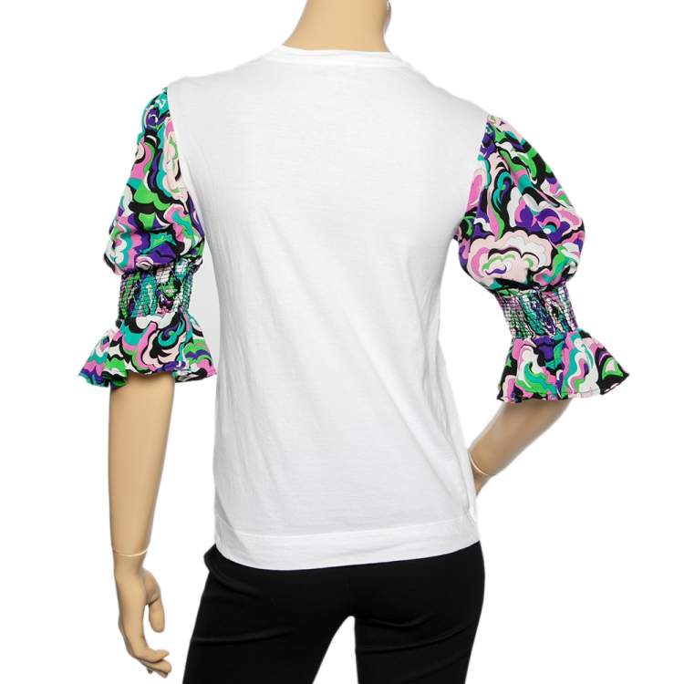 Pre Owned Emilio Pucci White Cotton & Silk Contrast Sleeve Detail T-Shirt S