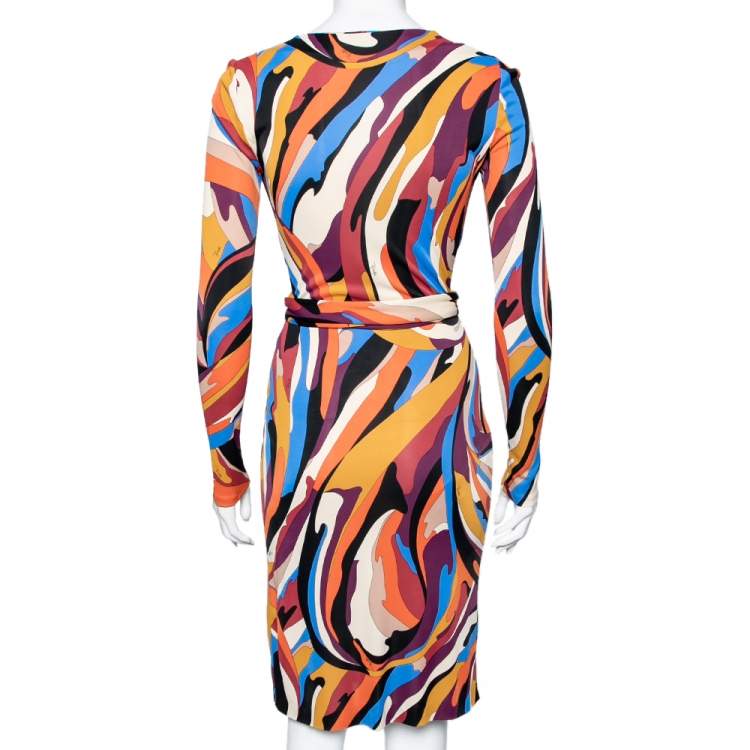 Pre Owned Emilio Pucci Multicolor Abstract Printed Jersey Belted Dress S