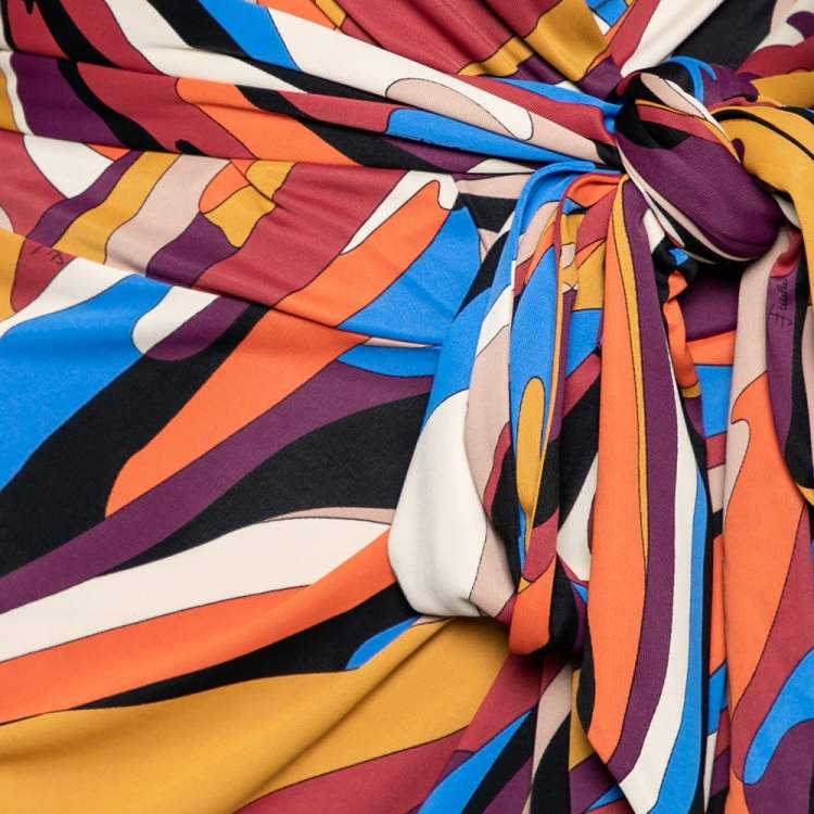 Pre Owned Emilio Pucci Multicolor Abstract Printed Jersey Belted Dress S