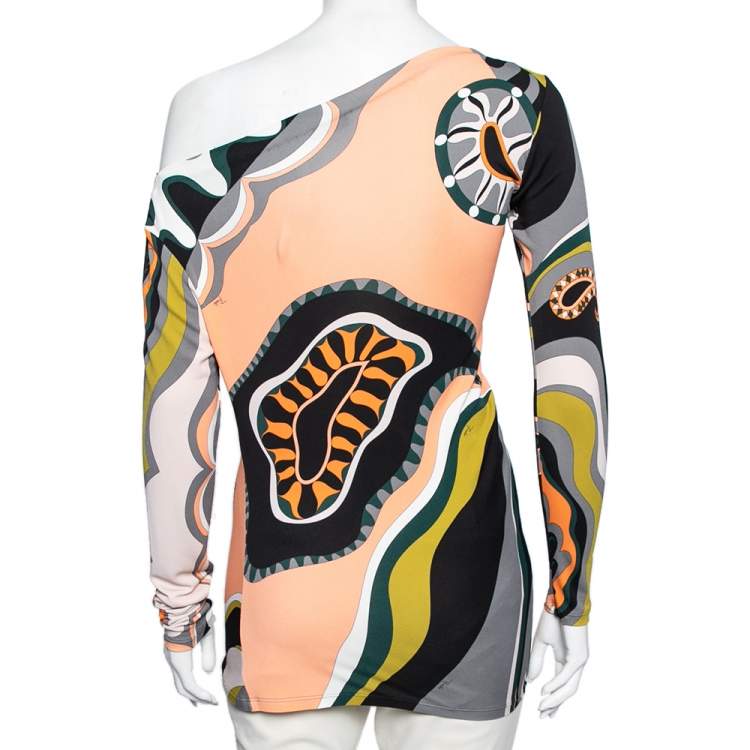 Pre Owned Emilio Pucci Multicolored Printed Jersey Asymmetrical Top S