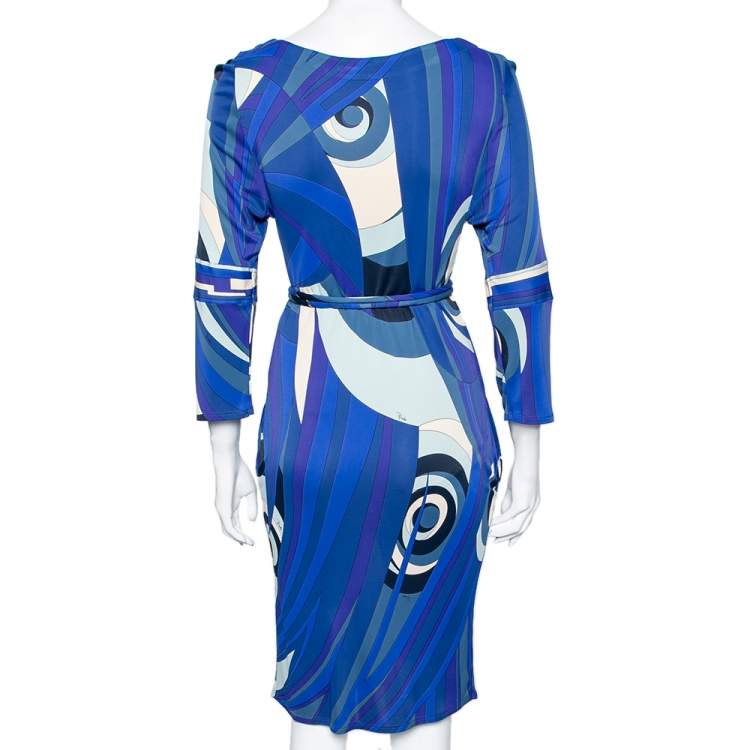 Pre Owned Emilio Pucci Blue Printed Jersey Belted Dress S