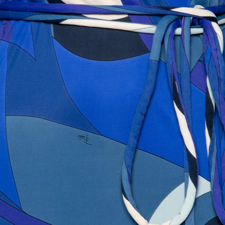 Pre Owned Emilio Pucci Blue Printed Jersey Belted Dress S