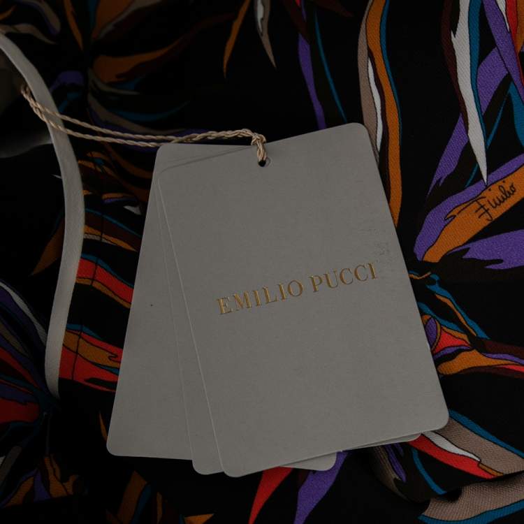 Pre Owned Emilio Pucci Black Tropical Palm Print Viscose Crew Neck Top M