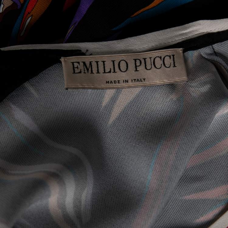Pre Owned Emilio Pucci Black Tropical Palm Print Viscose Crew Neck Top M