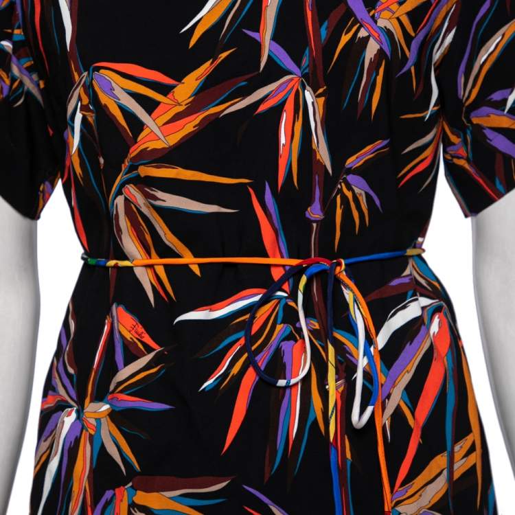 Pre Owned Emilio Pucci Black Tropical Palm Print Viscose Crew Neck Top M