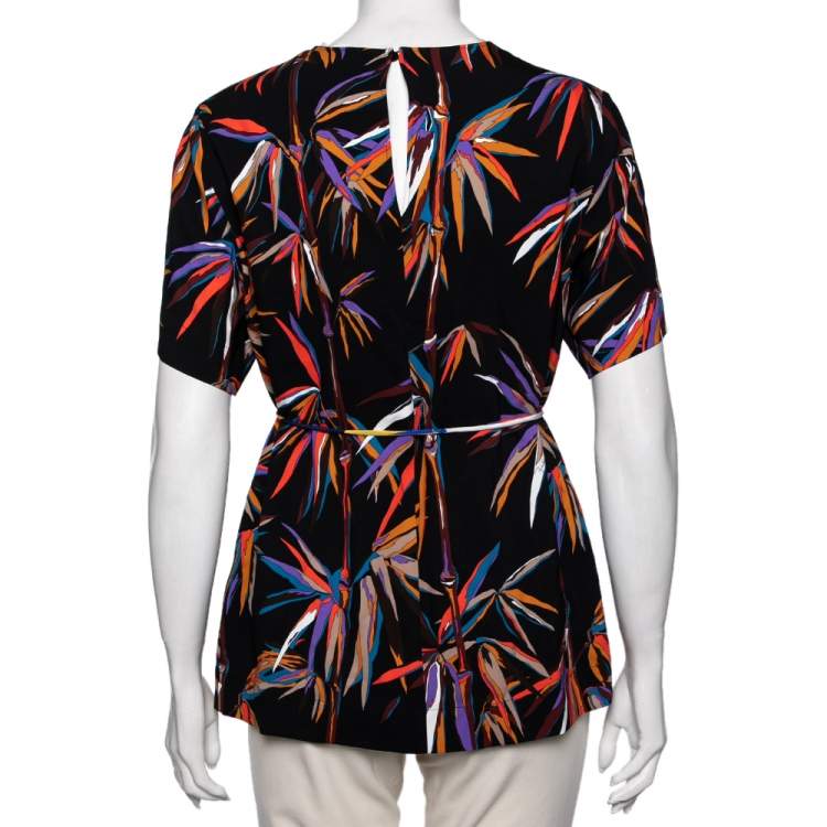 Pre Owned Emilio Pucci Black Tropical Palm Print Viscose Crew Neck Top M