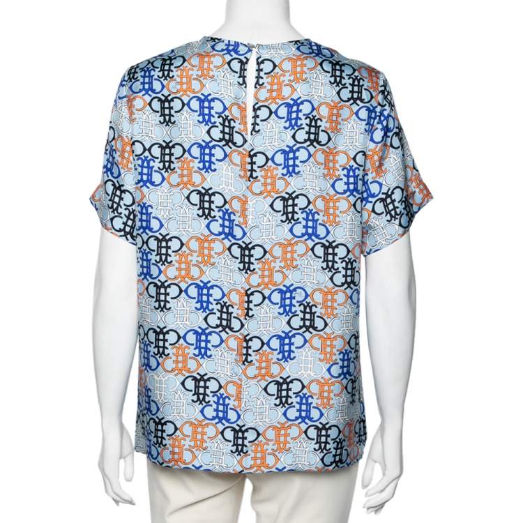Pre Owned Emilio Pucci Multicolor Logo Printed Silk Short Sleeve Top S