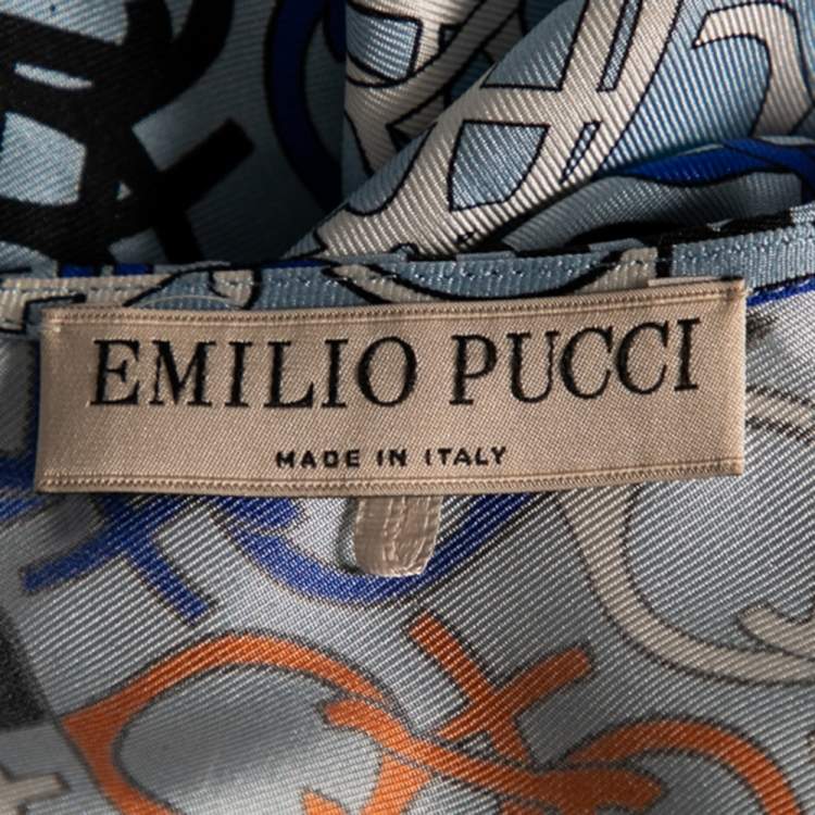 Pre Owned Emilio Pucci Multicolor Logo Printed Silk Short Sleeve Top S