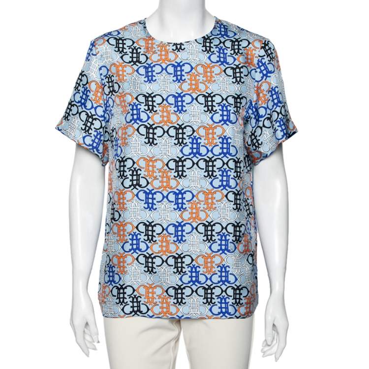 Pre Owned Emilio Pucci Multicolor Logo Printed Silk Short Sleeve Top S