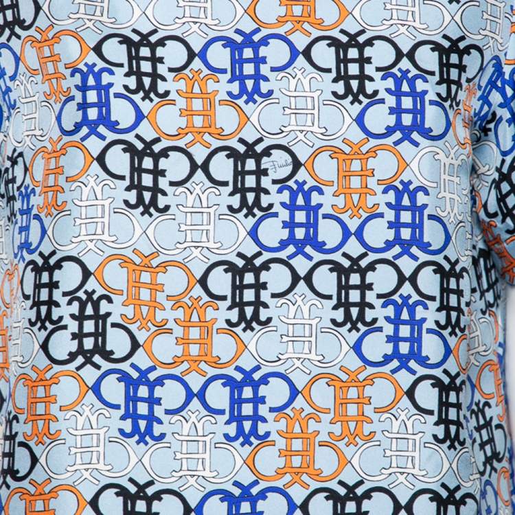 Pre Owned Emilio Pucci Multicolor Logo Printed Silk Short Sleeve Top S