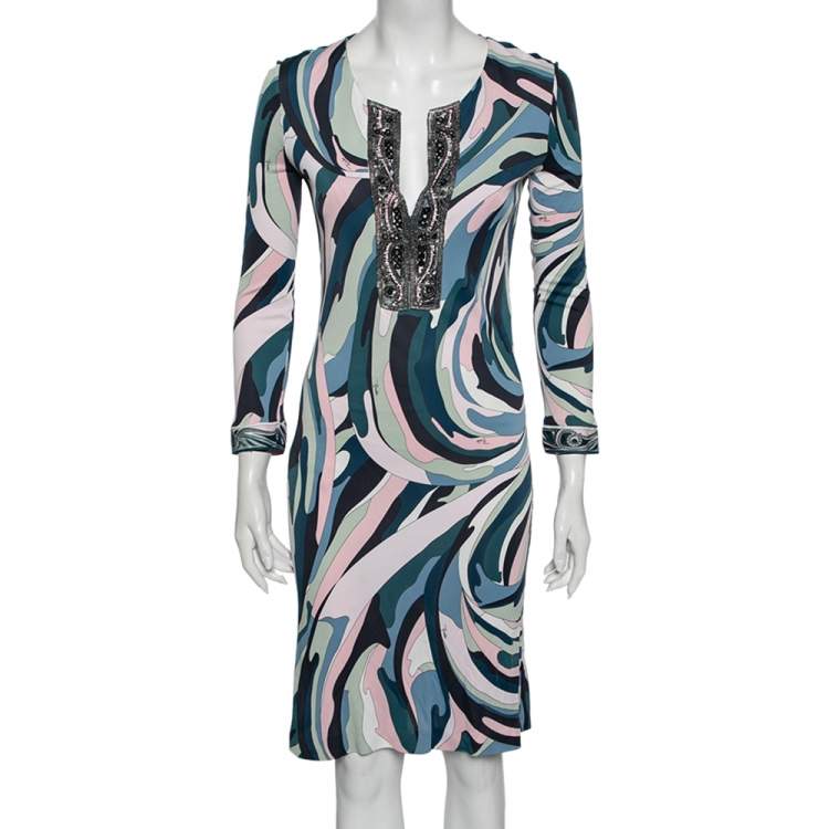 مملوكة مسبقًا Emilio Pucci Multicolor Jersey Embellished Long Sleeve Midi Dress M