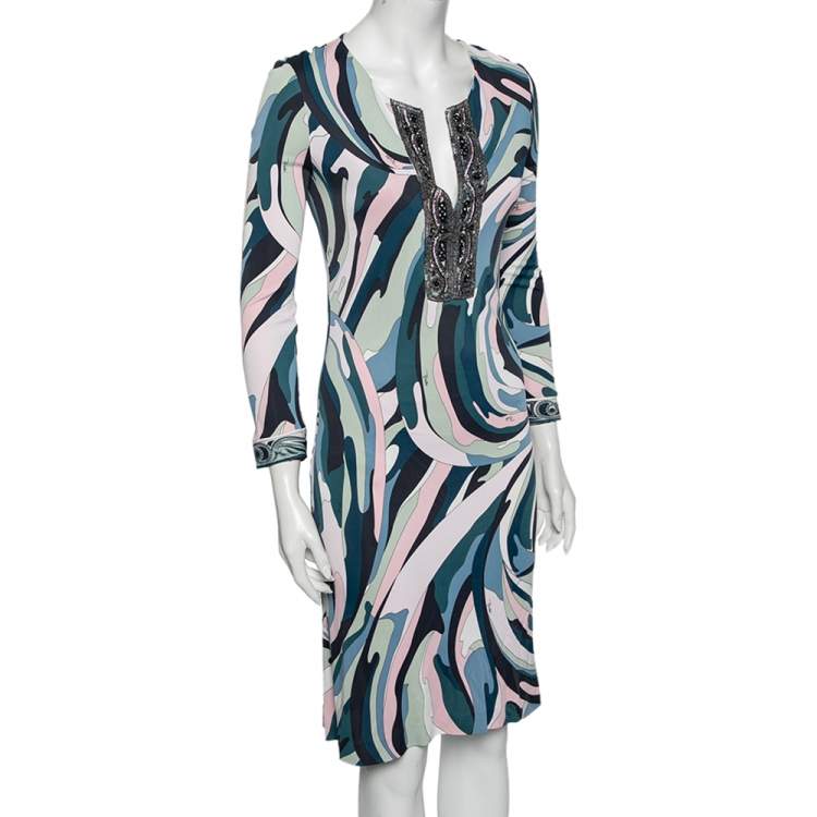 مملوكة مسبقًا Emilio Pucci Multicolor Jersey Embellished Long Sleeve Midi Dress M