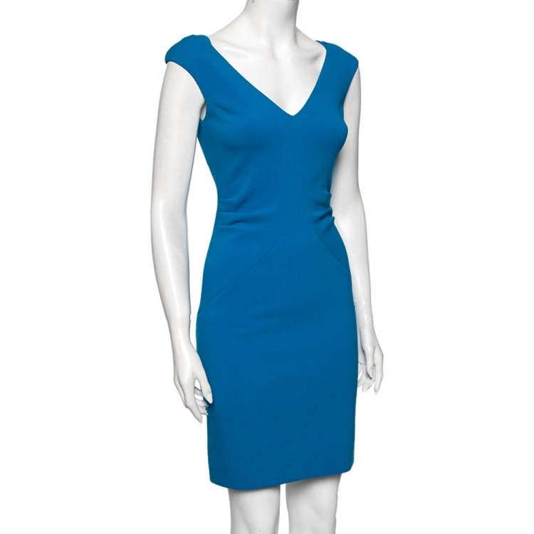 Pre Owned Emilio Pucci Blue Wool Crepe Sleeveless Sheath Dress S