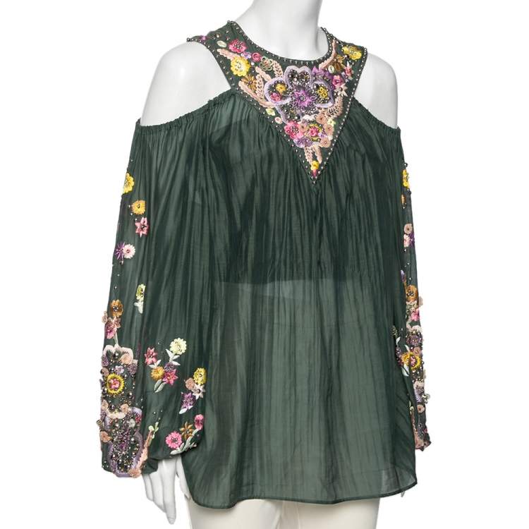 Pre Owned Emilio Pucci Green Cotton Floral Embroidered Embellished Cold Shoulder Top M