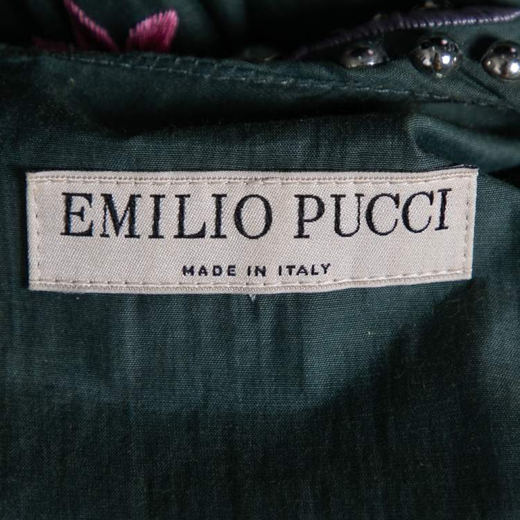 Pre Owned Emilio Pucci Green Cotton Floral Embroidered Embellished Cold Shoulder Top M
