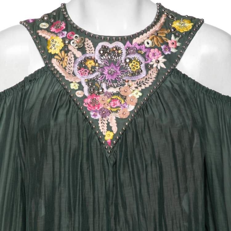 Pre Owned Emilio Pucci Green Cotton Floral Embroidered Embellished Cold Shoulder Top M