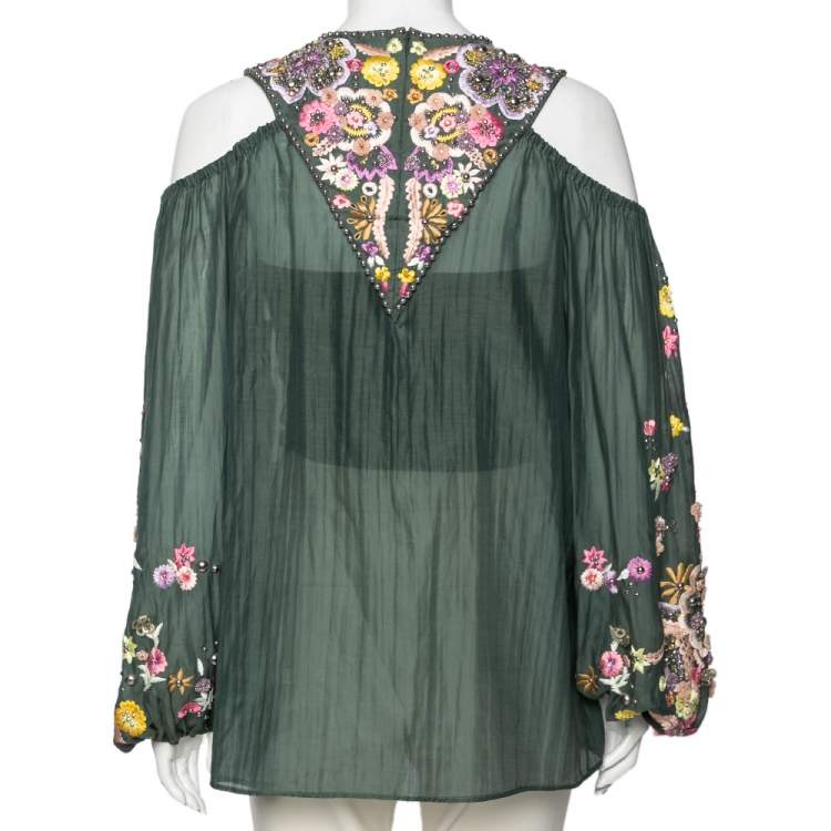 Pre Owned Emilio Pucci Green Cotton Floral Embroidered Embellished Cold Shoulder Top M