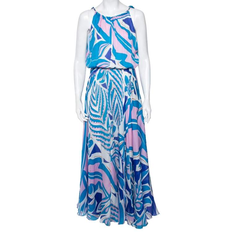 Pre Owned Emilio Pucci Multicolored Printed Silk Gathered Maxi Dress L