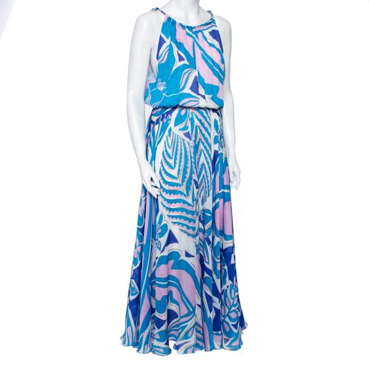 Pre Owned Emilio Pucci Multicolored Printed Silk Gathered Maxi Dress L