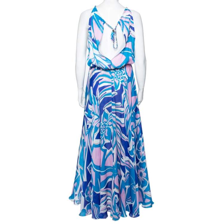 Pre Owned Emilio Pucci Multicolored Printed Silk Gathered Maxi Dress L