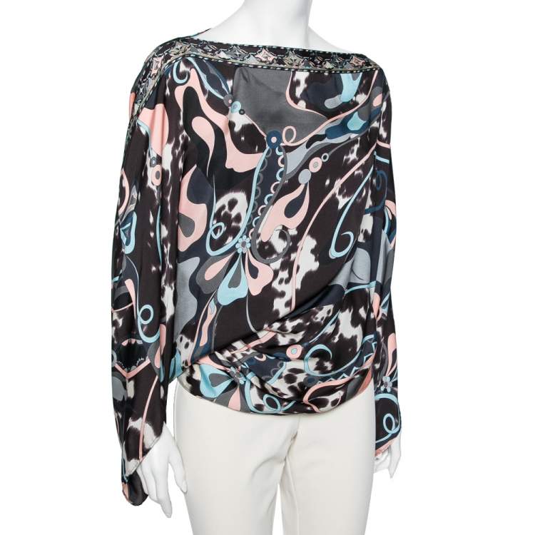 Pre Owned Emilio Pucci Multicolored Printed Silk Asymmetrical Draped Blouse S