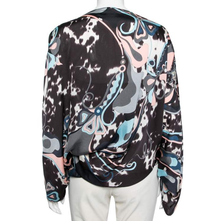Pre Owned Emilio Pucci Multicolored Printed Silk Asymmetrical Draped Blouse S