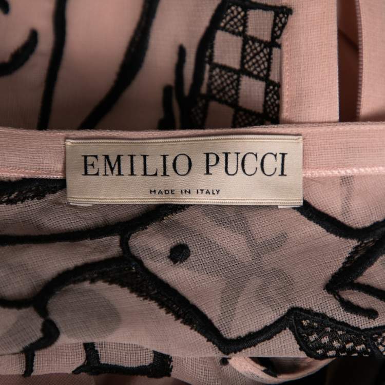 Pre Owned Emilio Pucci Blush Pink Tourist Applique Embroidered Cotton Net Shift Dress M