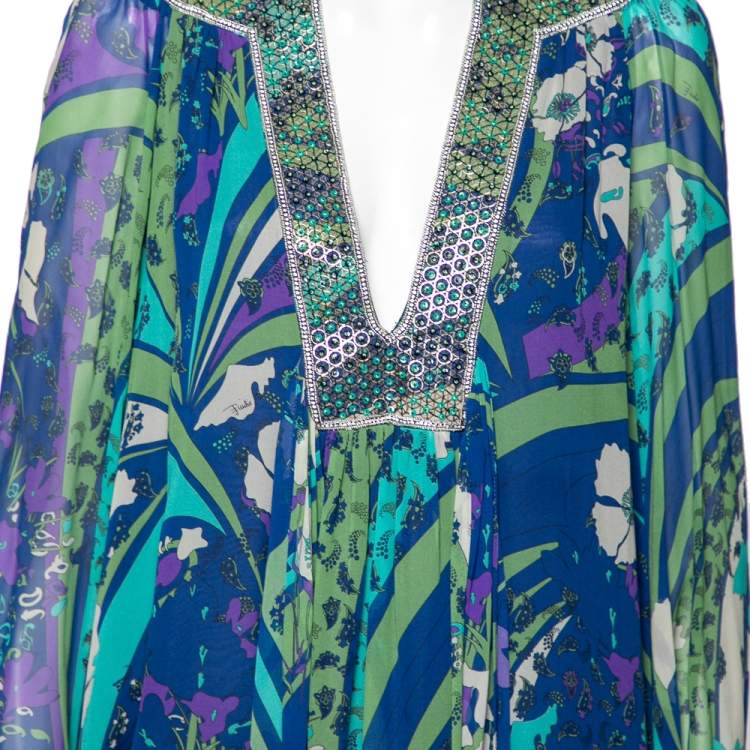 Pre Owned Emilio Pucci Multicolor Printed Silk Embellished Neck Detail Midi Dress M