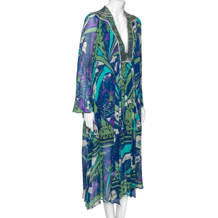 Pre Owned Emilio Pucci Multicolor Printed Silk Embellished Neck Detail Midi Dress M