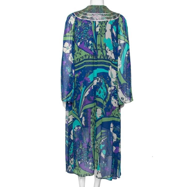 Pre Owned Emilio Pucci Multicolor Printed Silk Embellished Neck Detail Midi Dress M