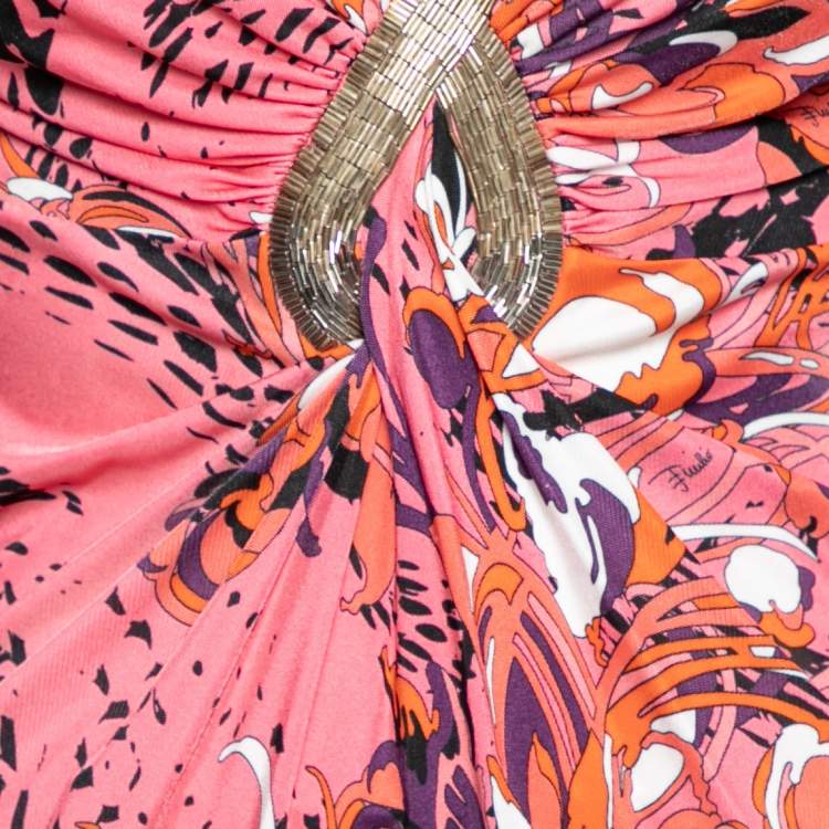 Pre Owned Emilio Pucci Multicolor Printed Knit Embellished Ruched Front Top M