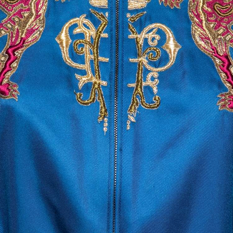 Pre Owned Emilio Pucci Blue Embroidered Silk Zip Front Cropped Jacket M