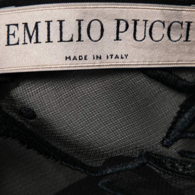 Pre Owned Emilio Pucci Black Tourist Applique Embroidered Silk Organza Dress M