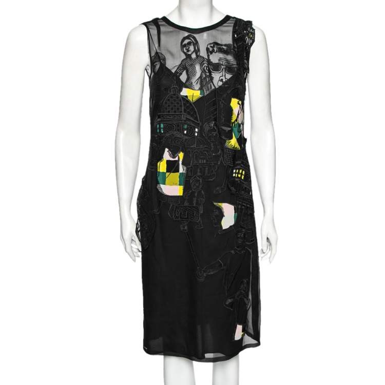 Pre Owned Emilio Pucci Black Tourist Applique Embroidered Silk Organza Dress M