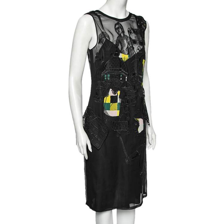 Pre Owned Emilio Pucci Black Tourist Applique Embroidered Silk Organza Dress M