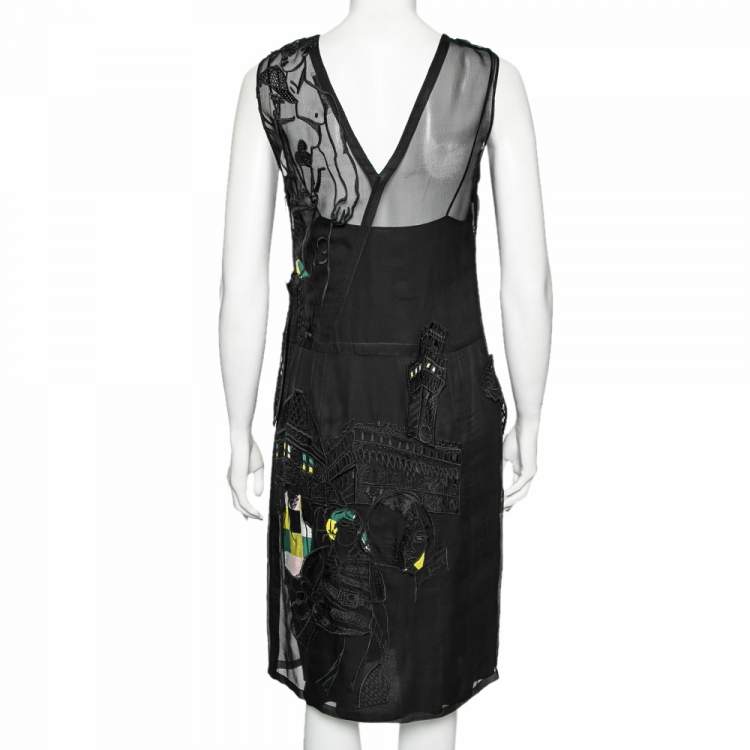 Pre Owned Emilio Pucci Black Tourist Applique Embroidered Silk Organza Dress M