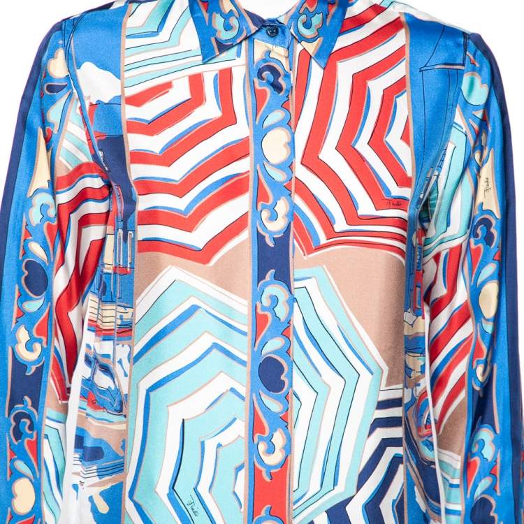 Pre Owned Emilio Pucci Multicolor Cityscape Print Silk Shirt M