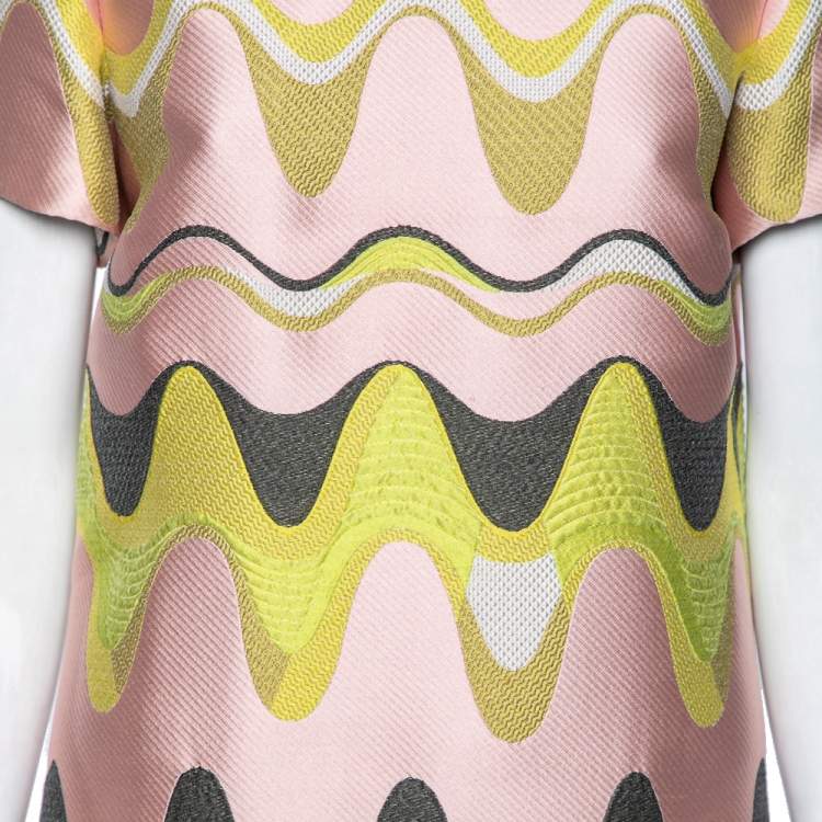 Pre Owned Emilio Pucci Pink & Green Wave Jacquard Shift Dress M