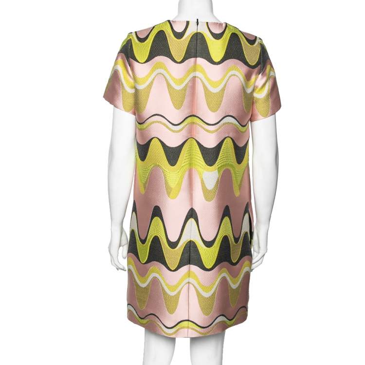 Pre Owned Emilio Pucci Pink & Green Wave Jacquard Shift Dress M