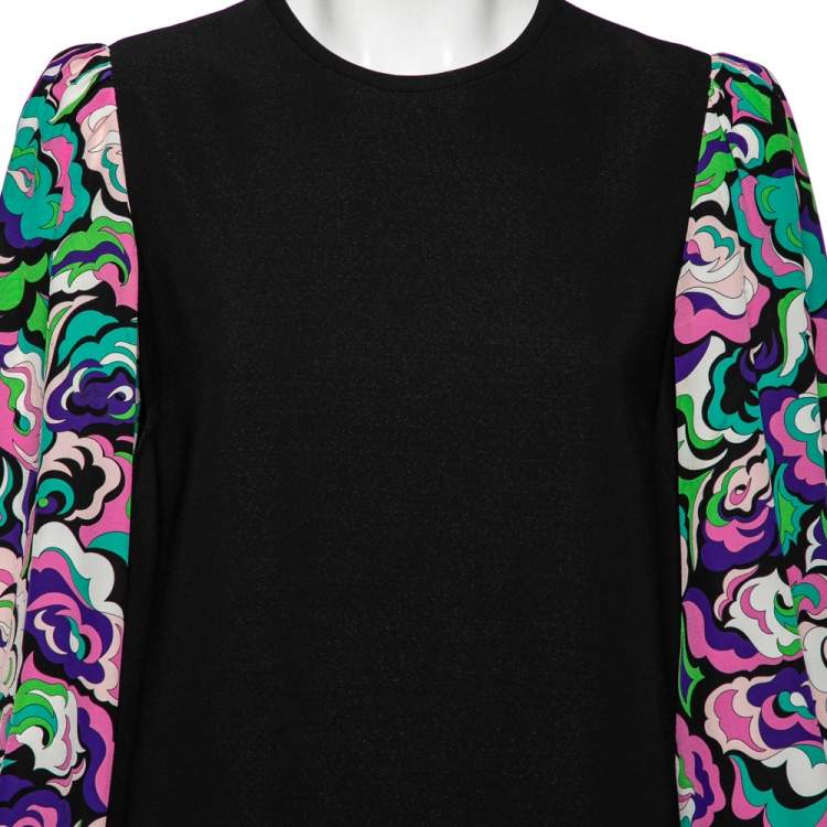 Pre Owned Emilio Pucci Black Synthetic Floral Printed Bishop Sleeves Dress M