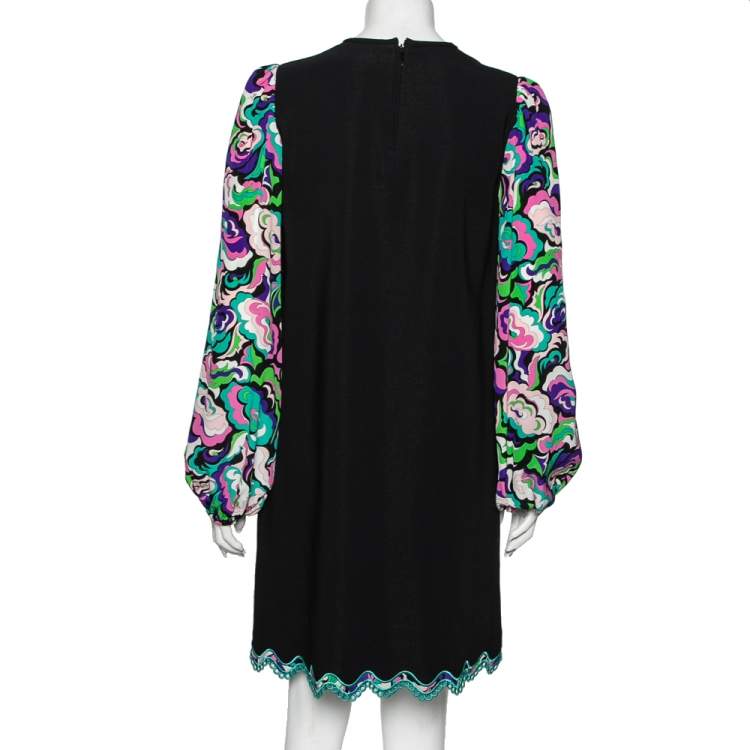 Pre Owned Emilio Pucci Black Synthetic Floral Printed Bishop Sleeves Dress M