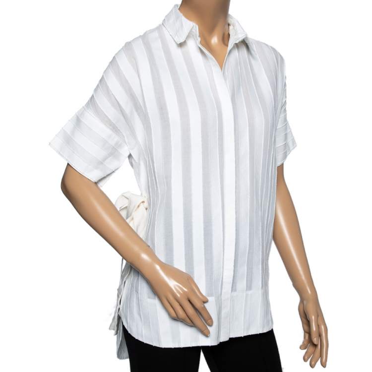 Pre Owned Emilio Pucci White Cotton & Silk Tie Detail Button Front Shirt S